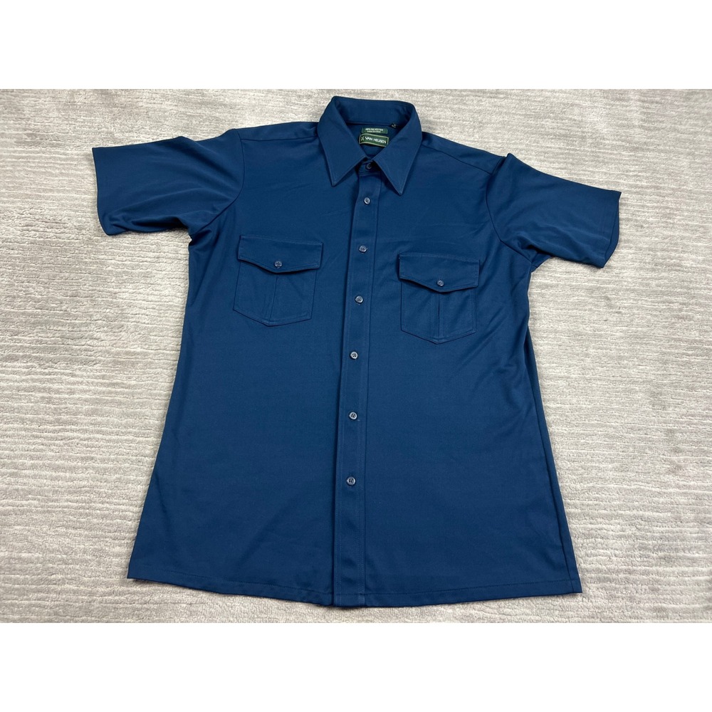 Van Heusen Button Down Mens L Navy Blue Short Sleeve Flap Pocket Workwear Shirt